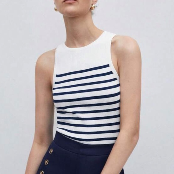 White & navy blue ribbed striped stretchy top - Picture 5 of 7
